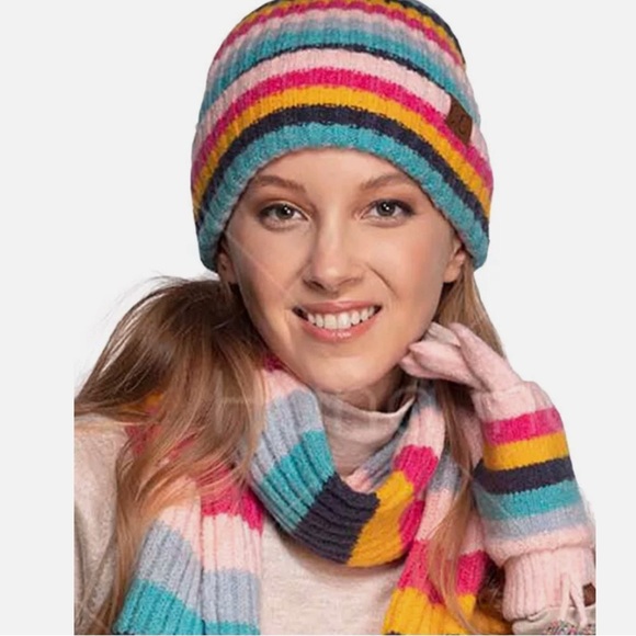 C.C Multi Color Striped Ribbed Beanie Hat - Picture 1 of 7